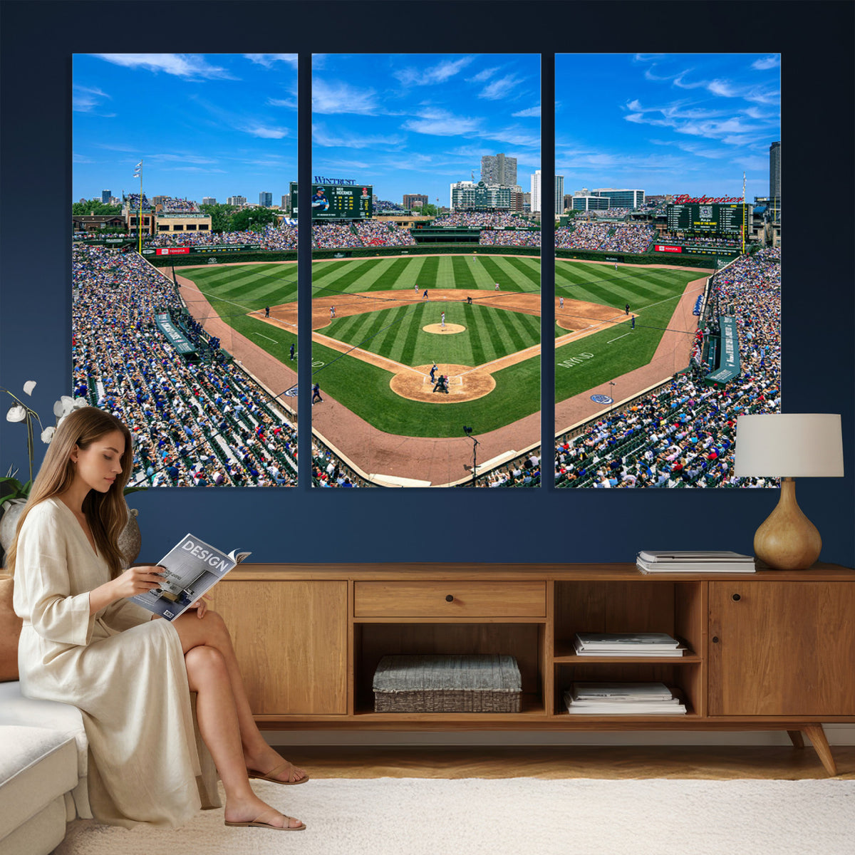 35800083-MGV-CV-36X24 - Wrigley Field Baseball Stadium Canvas Wall Art – Packed Crowd Sports Stadium City Skyline Artwork for Home Office