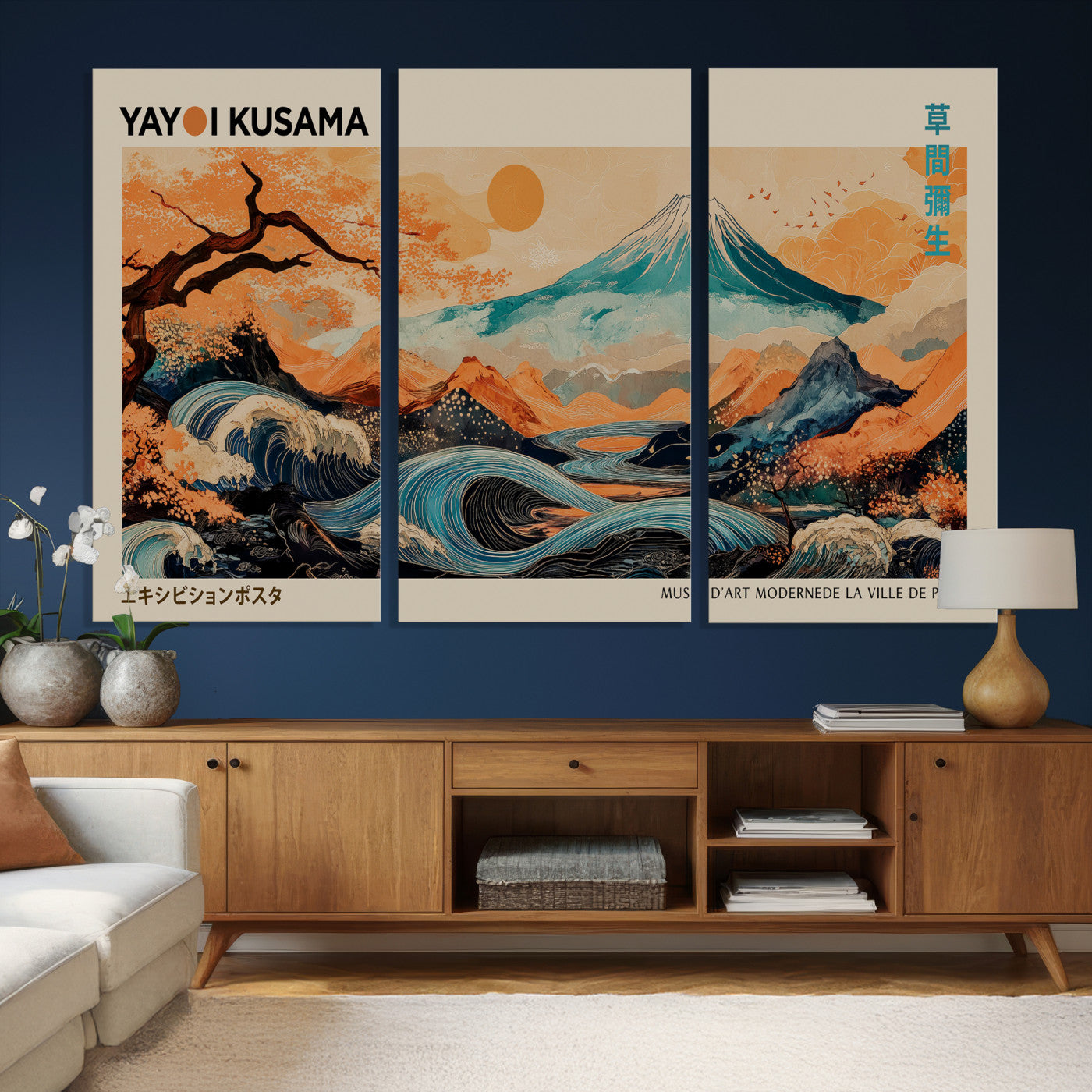 94085549-MGV-CV-36X24 - Yayoi Kusama Japanese Landscape Wall Art Canvas Print – Modern Abstract Mount Fuji Wall Art - Japanese Waves & Autumn Trees Print