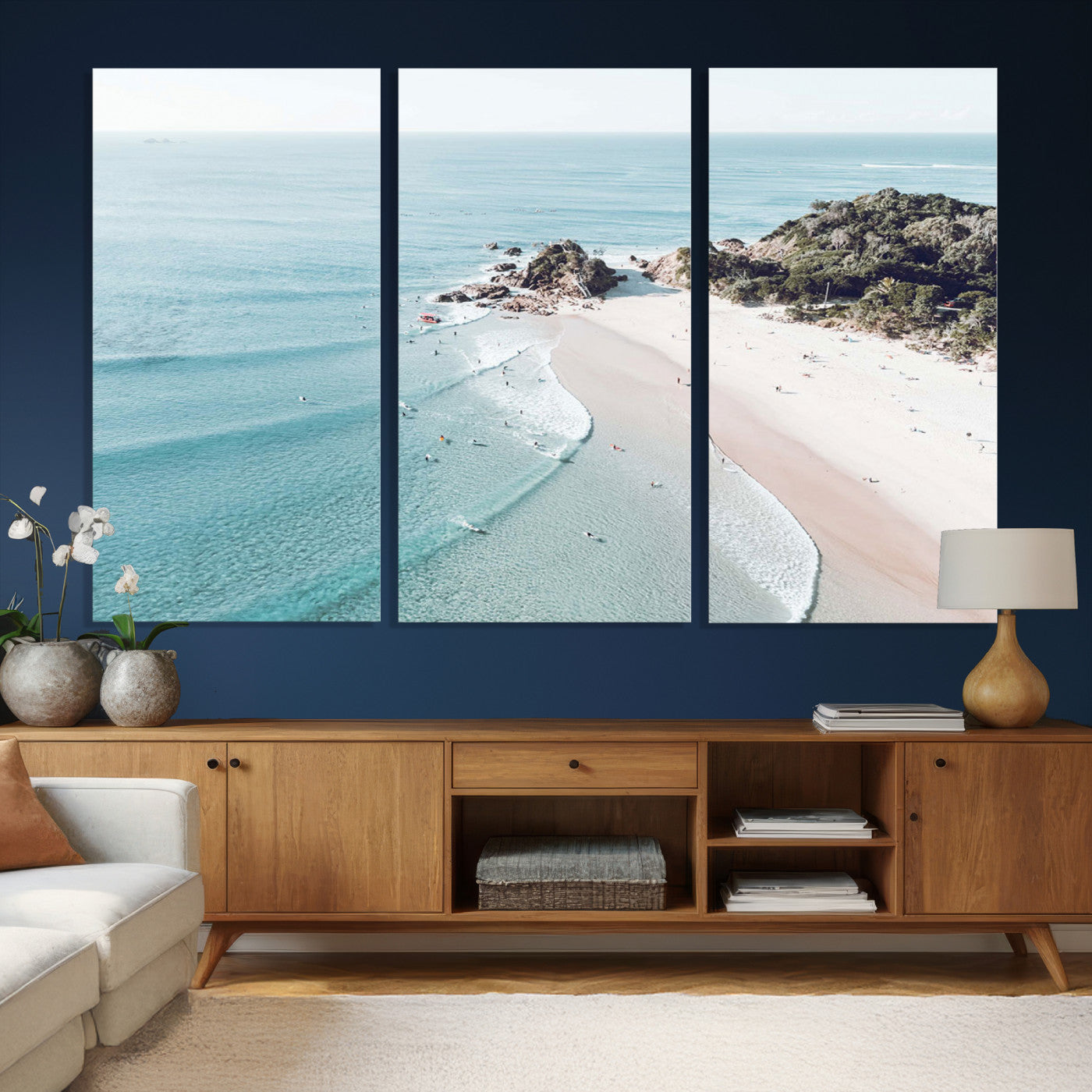 79395467-MGV-CV-36X24 - Aerial Beach Wall Art Canvas Print, Coastal Ocean Waves and Surfers Scenic Seaside Artwork for Home, Office Decor
