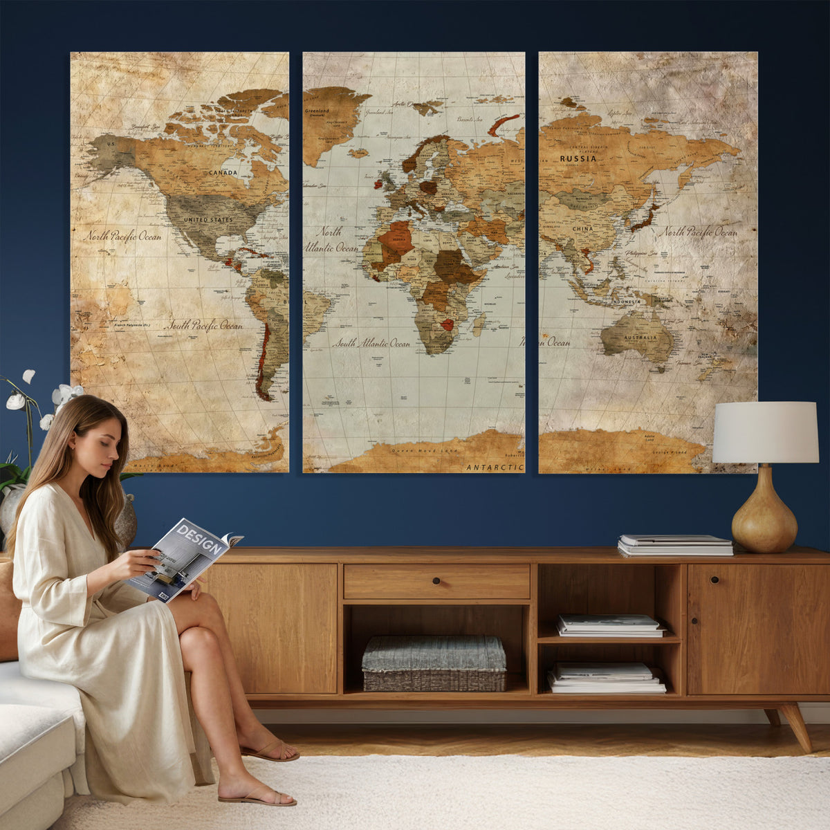 74176056-MGV-CV-36X24 - World Map Wall Art Canvas Print, Modern Decorative Framed Map Artwork Prints for Living Room, Office, Bedroom Wall Decor
