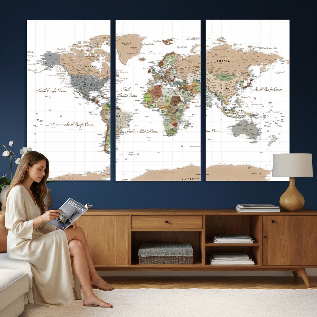 91286788-MGV-CV-36X24 - World Map Wall Art Canvas Print, Modern Decorative Framed Map Artwork Prints for Living Room, Office, Bedroom Wall Decor