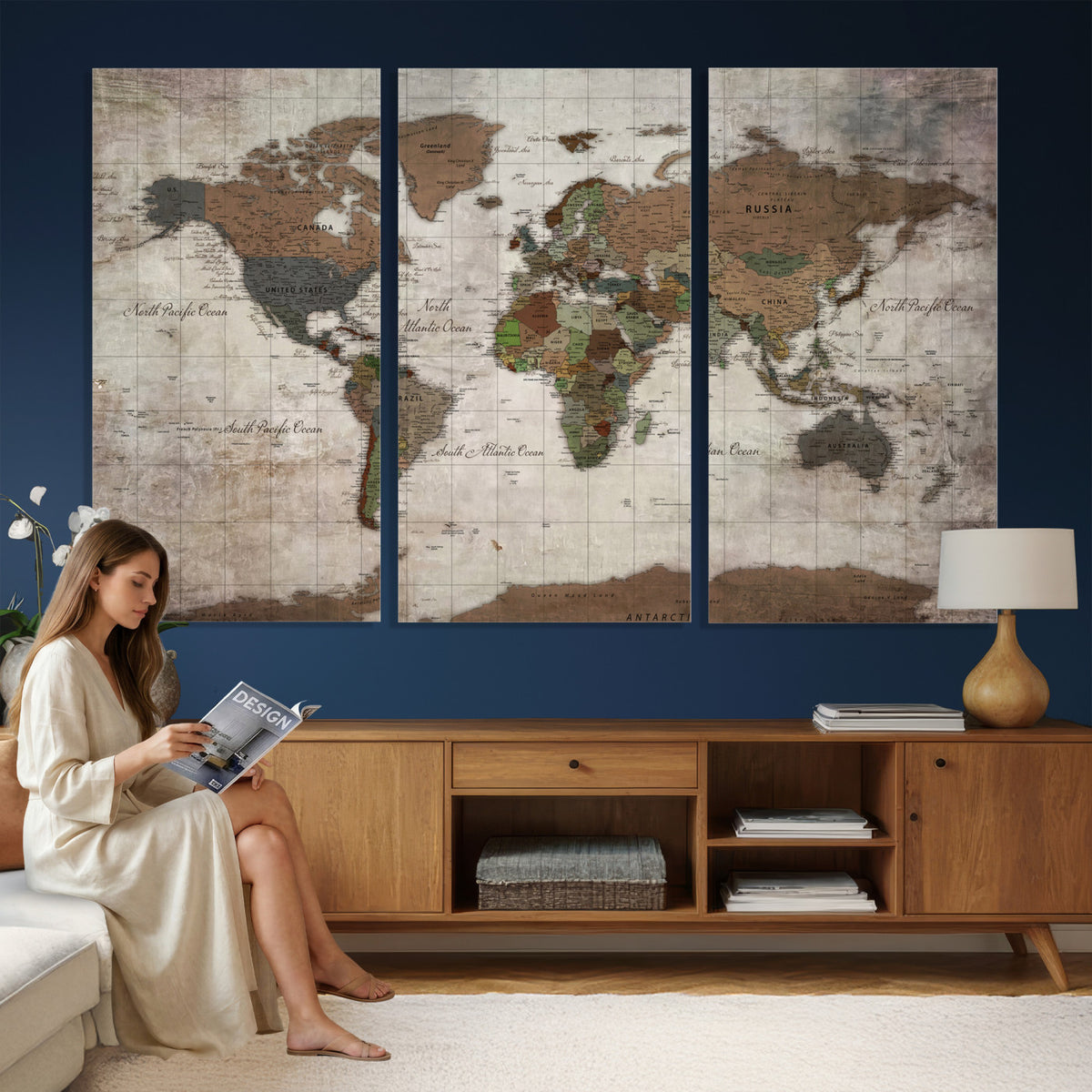 65393892-MGV-CV-36X24 - World Map Wall Art Canvas Print, Modern Decorative Framed Map Artwork Prints for Living Room, Office, Bedroom Wall Decor