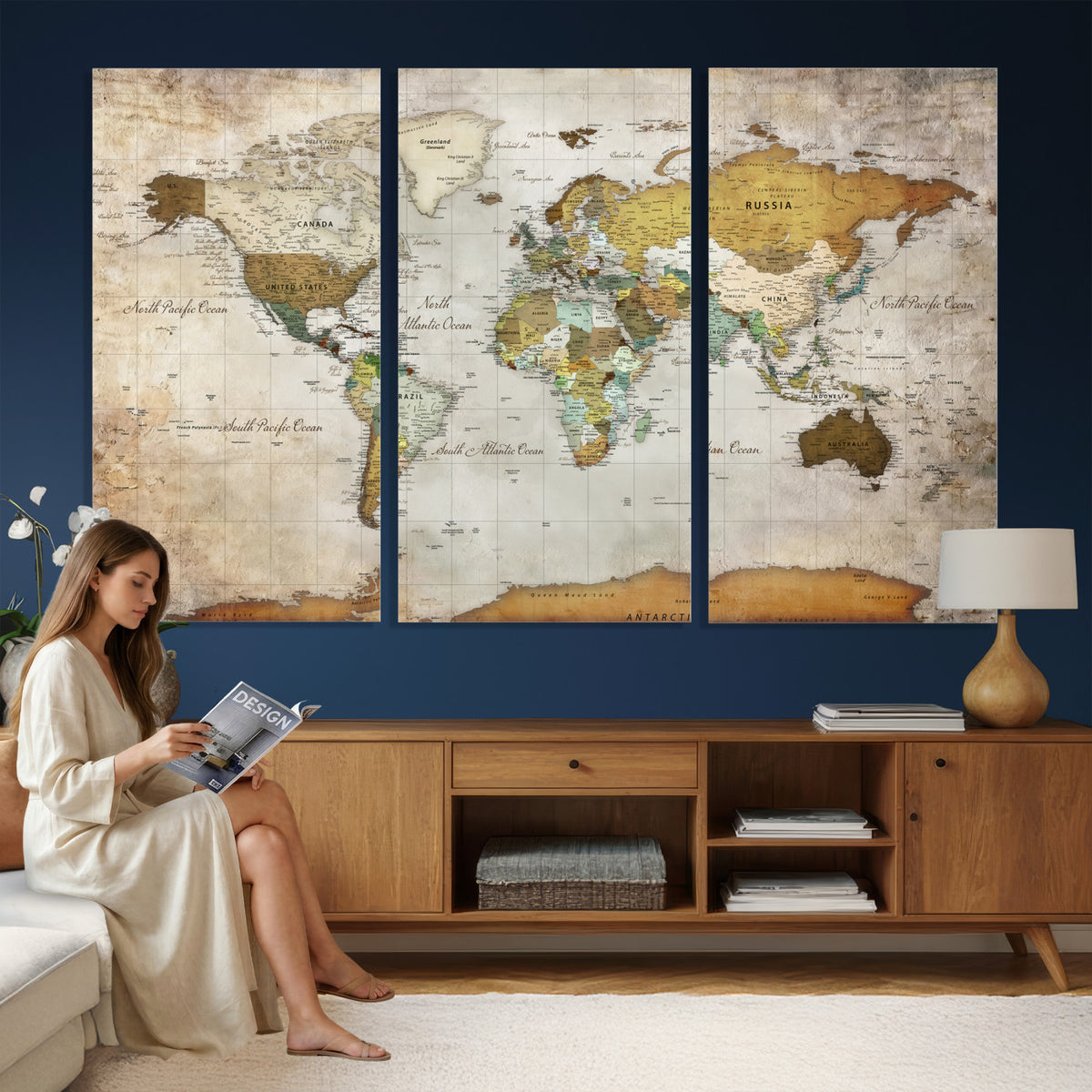 86108417-MGV-CV-36X24 - World Map Wall Art Canvas Print, Modern Decorative Framed Map Artwork Prints for Living Room, Office, Bedroom Wall Decor