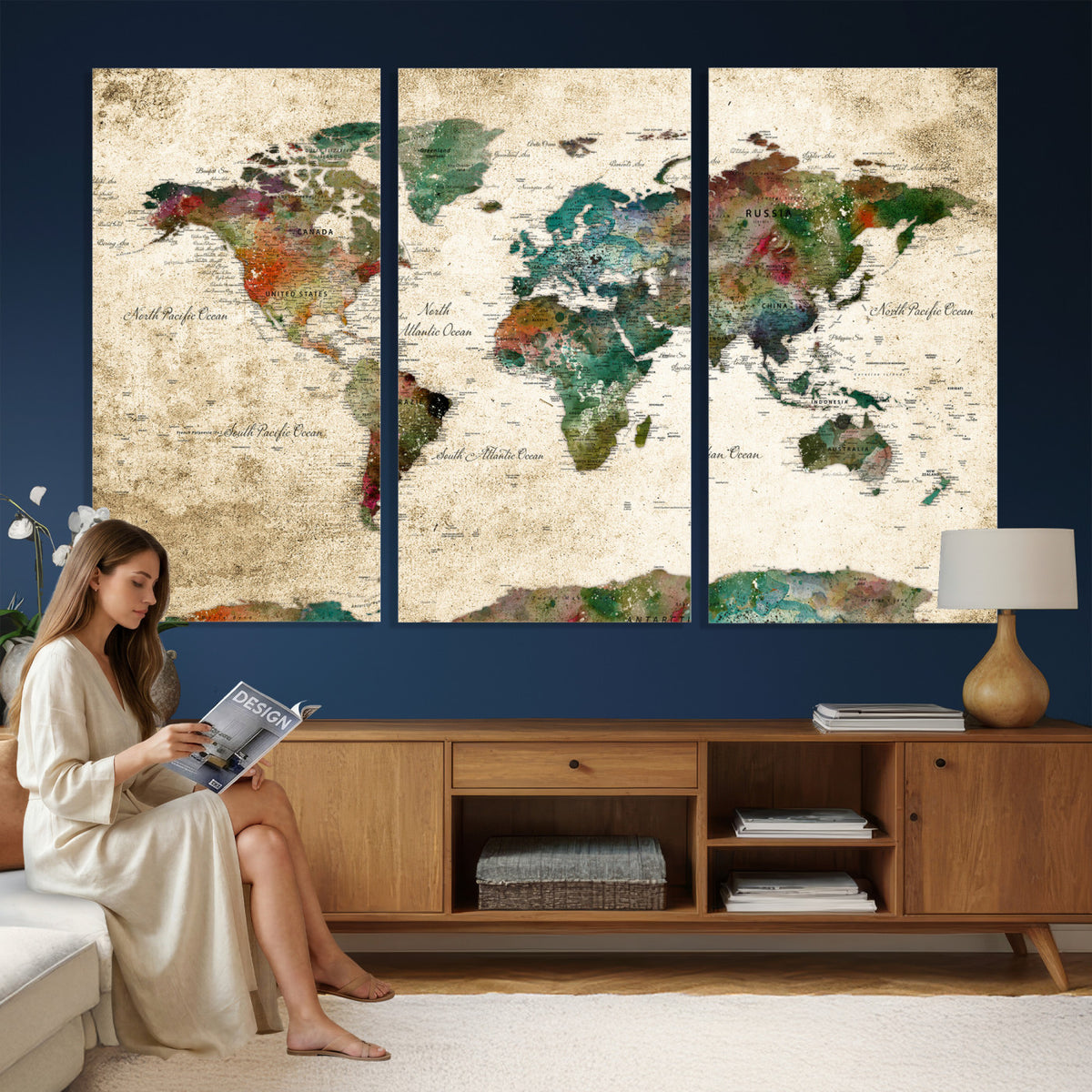 87544591-MGV-CV-36X24 - World Map Wall Art Canvas Print, Modern Decorative Framed Map Artwork Prints for Living Room, Office, Bedroom Wall Decor