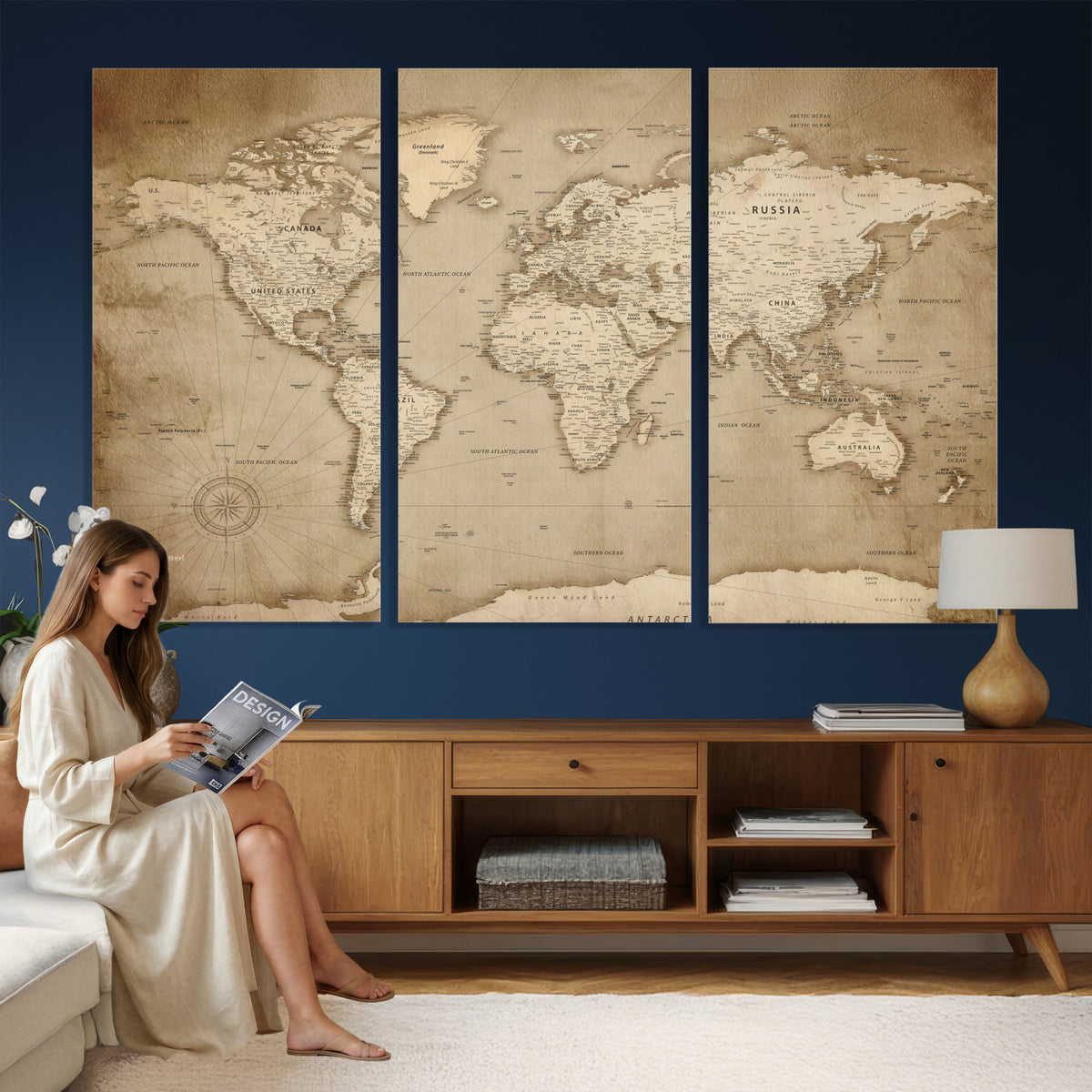 34795134-MGV-CV-36X24 - World Map Wall Art Canvas Print, Modern Decorative Framed Map Artwork Prints for Living Room, Office, Bedroom Wall Decor