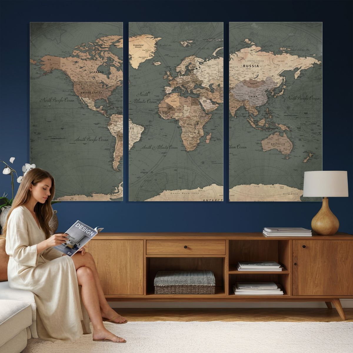84619399-MGV-CV-36X24 - World Map Wall Art Canvas Print, Modern Decorative Framed Map Artwork Prints for Living Room, Office, Bedroom Wall Decor