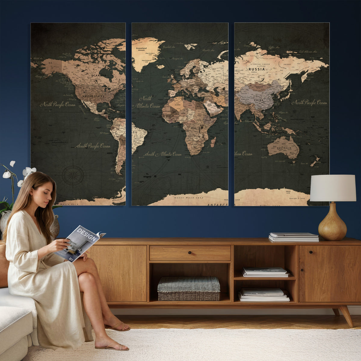 62059333-MGV-CV-36X24 - World Map Wall Art Canvas Print, Modern Decorative Framed Map Artwork Prints for Living Room, Office, Bedroom Wall Decor