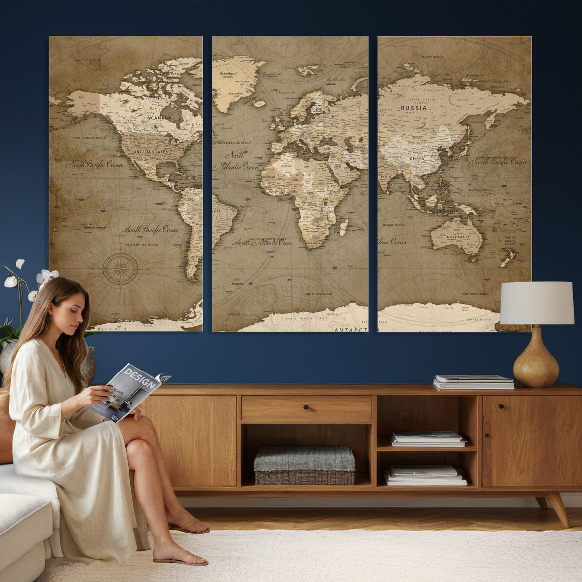 82314635-MGV-CV-36X24 - World Map Wall Art Canvas Print, Modern Decorative Framed Map Artwork Prints for Living Room, Office, Bedroom Wall Decor