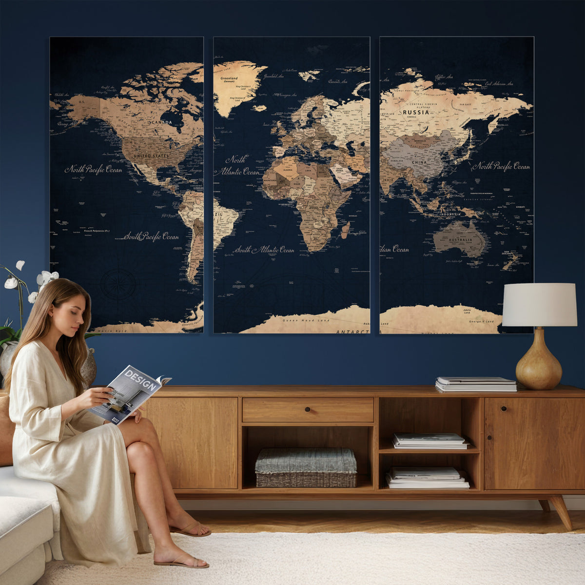 53971530-MGV-CV-36X24 - World Map Wall Art Canvas Print, Modern Decorative Framed Map Artwork Prints for Living Room, Office, Bedroom Wall Decor