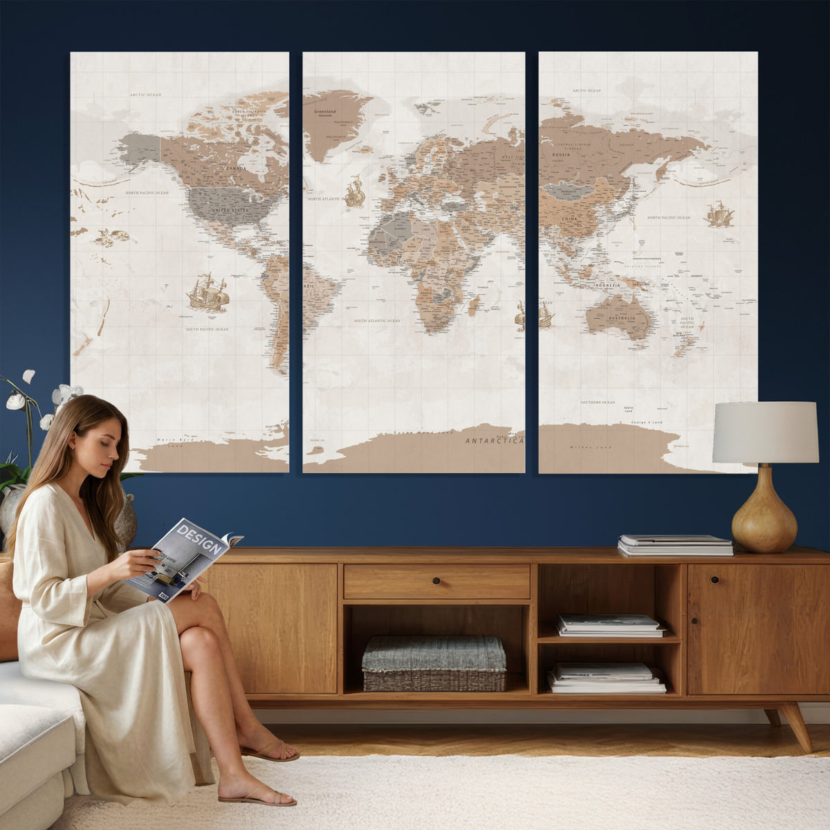 85057279-MGV-CV-36X24 - Framed Large World Map Canvas Print for Office Decor