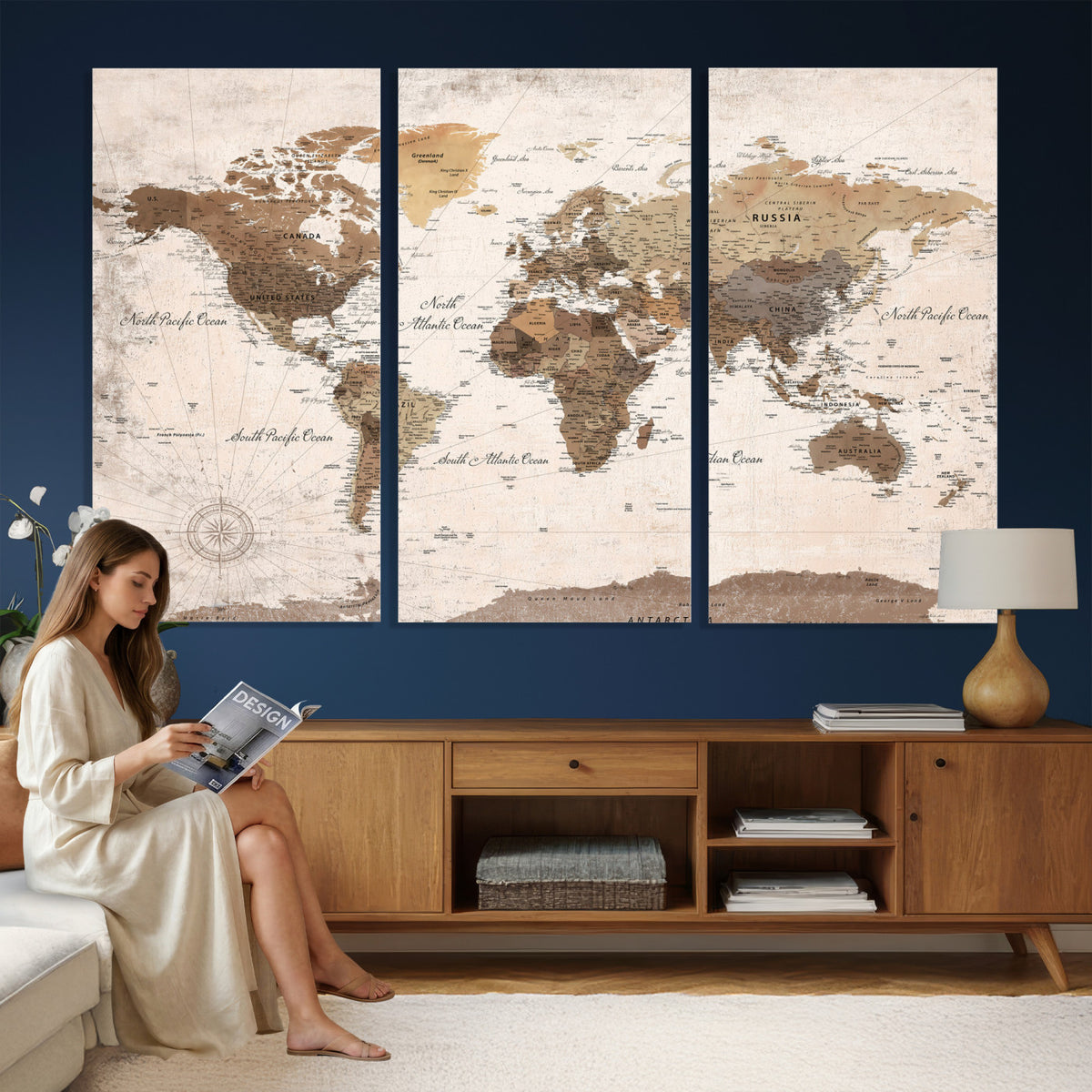 38923639-MGV-CV-36X24 - World Map Wall Art Canvas Print, Modern Decorative Framed Map Artwork Prints for Living Room, Office, Bedroom Wall Decor