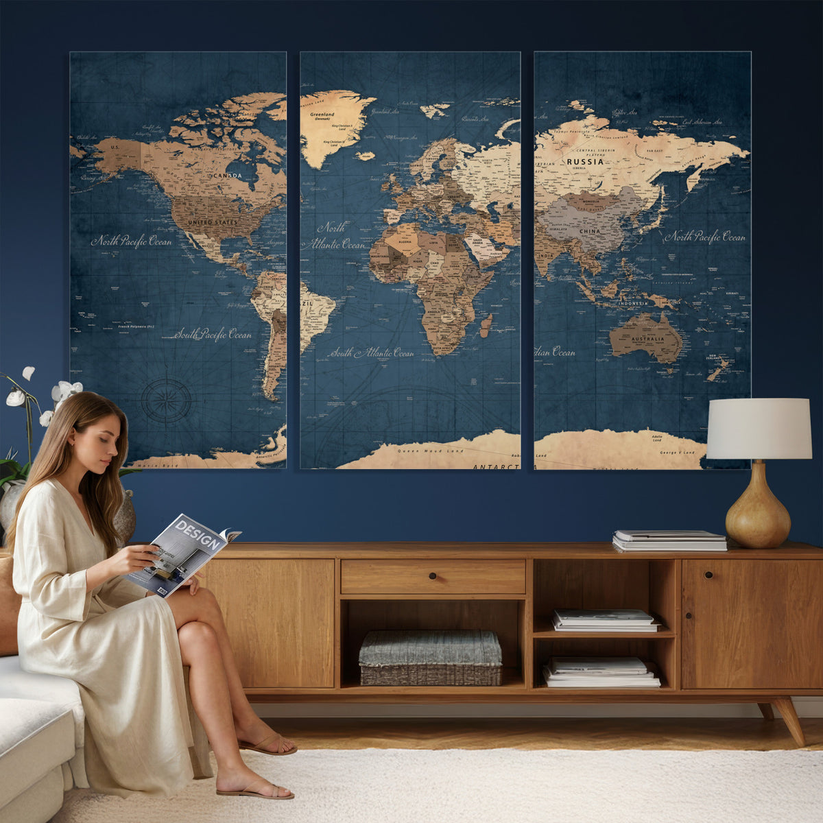 69886352-MGV-CV-36X24 - World Map Wall Art Canvas Print, Modern Decorative Framed Map Artwork Prints for Living Room, Office, Bedroom Wall Decor