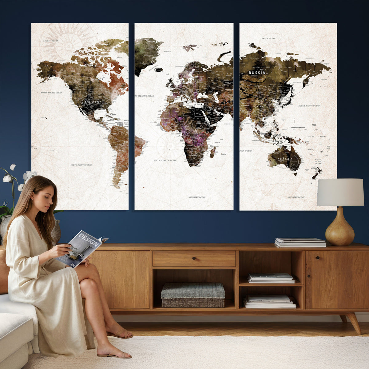 77651968-MGV-CV-36X24 - Watercolor World Map Print - Large Wall Art Canvas Print for