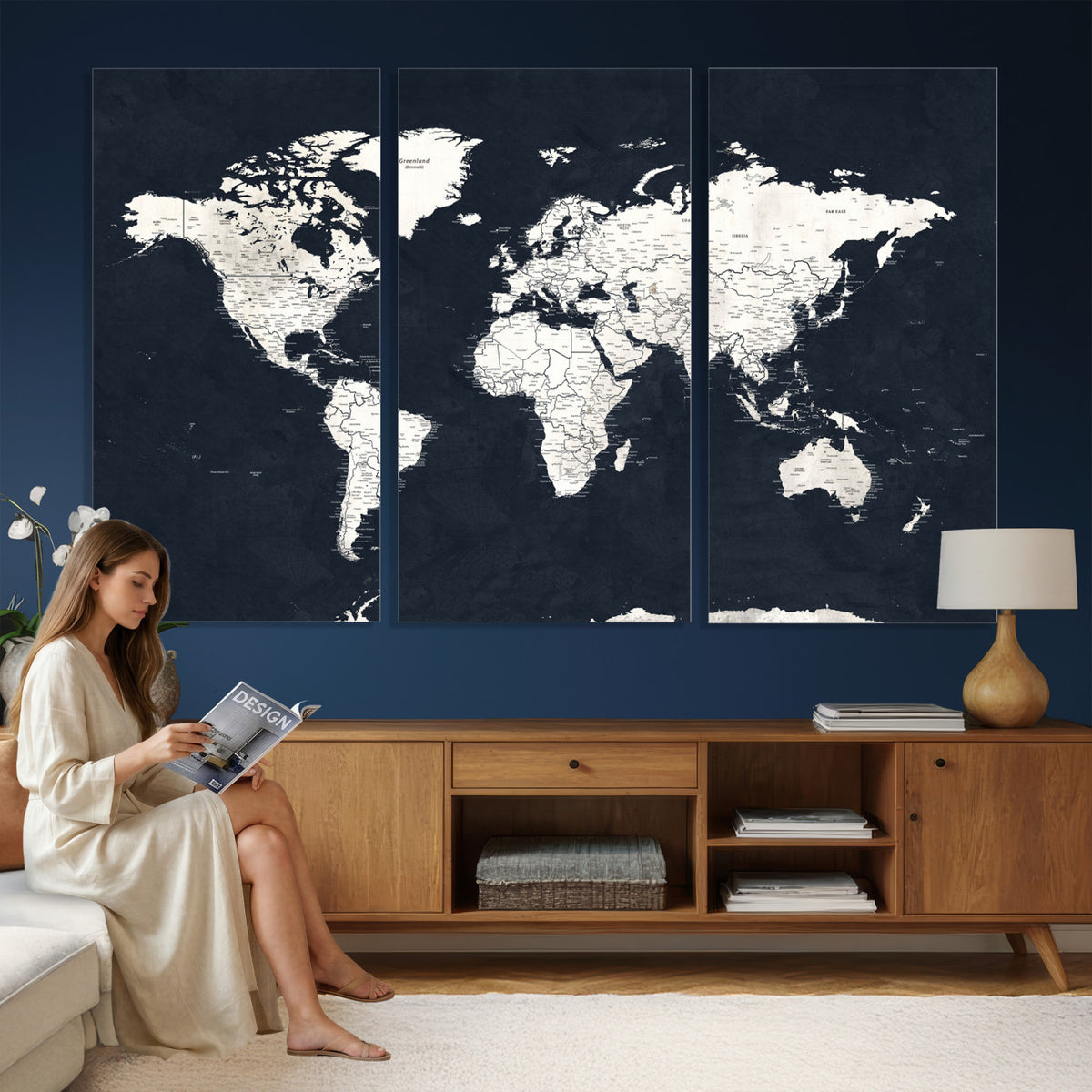 11963807-MGV-CV-36X24 - Black World Map Wall Art Canvas Print for Home Office and Meeting Room Decor
