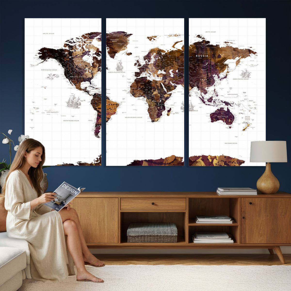 34792695-MGV-CV-36X24 - Rustic World Map Wall Art Canvas Print | Large Vintage Blue World Map on Wood Grain Style Background
