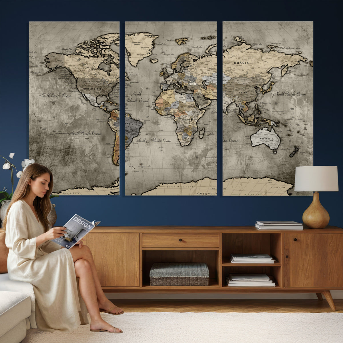 85218700-MGV-CV-36X24 - World Map Canvas Print, Detailed Map of the World Wall Art