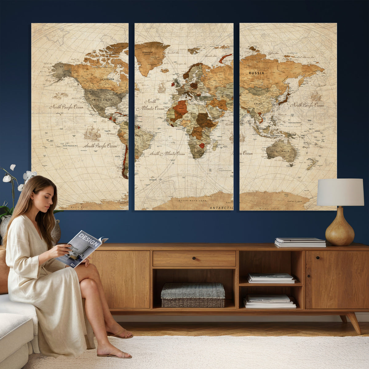 29684537-MGV-CV-36X24 - Vintage World Map Canvas Print, Framed Rustic Detailed Map of the World, Explorer Decor