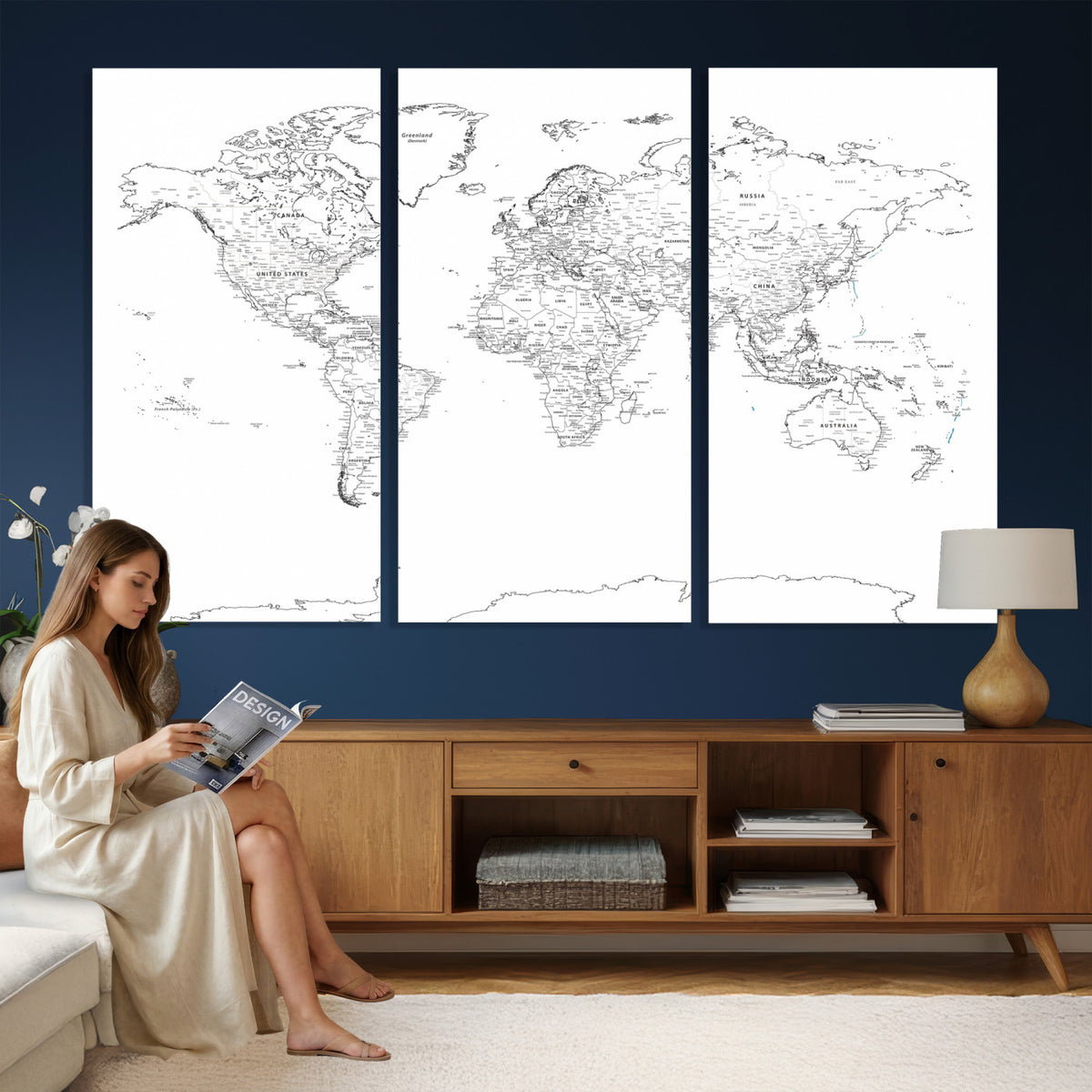 21002736-MGV-CV-36X24 - World Map Canvas Print, Framed Modern Detailed Map of the World for Home or Office