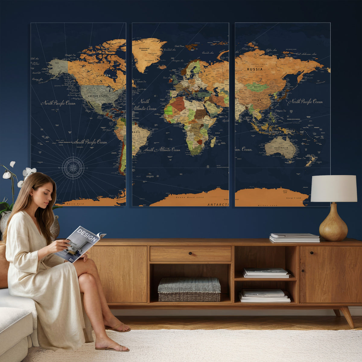 11715182-MGV-CV-36X24 - Modern World Map Canvas Print, Framed Detailed Map of the World Wall Art