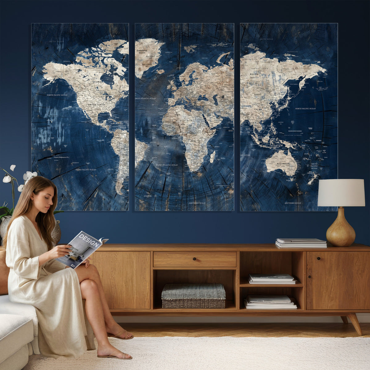 56126010-MGV-CV-36X24 - Large Blue World Map Wall Art Canvas Print for Home Office