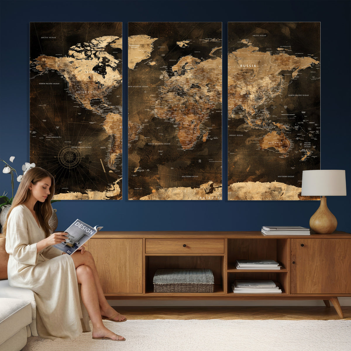 97742922-MGV-CV-36X24 - World Map Canvas Print, Modern Decorative Framed Map Artwork