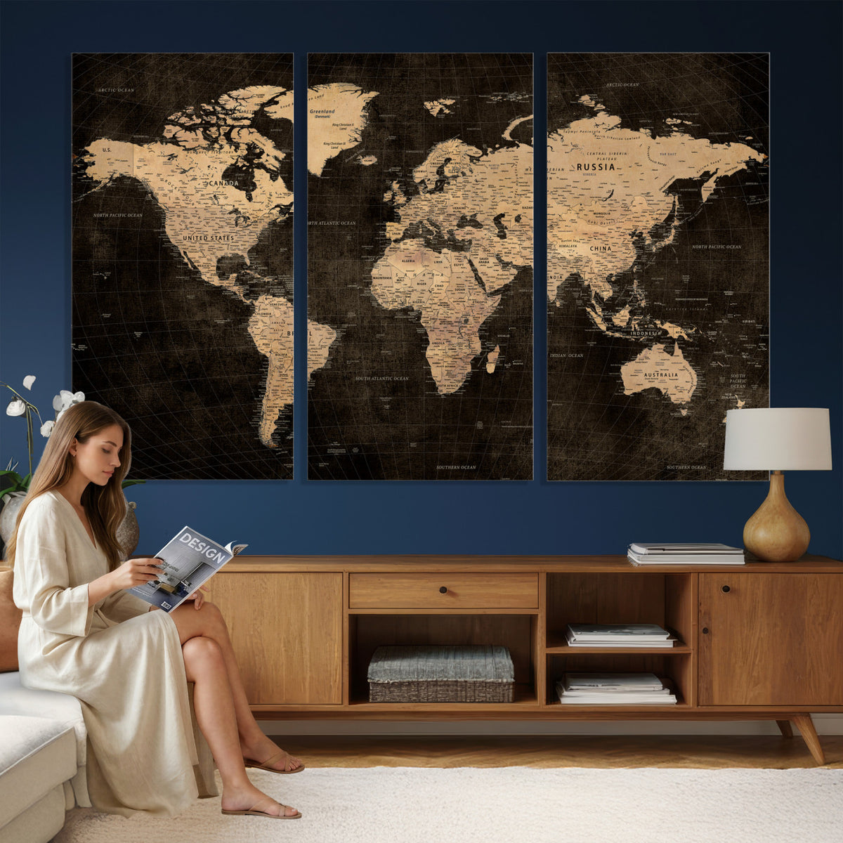 15118265-MGV-CV-36X24 - Brown World Map Canvas Print | Modern Travel Map Wall Art