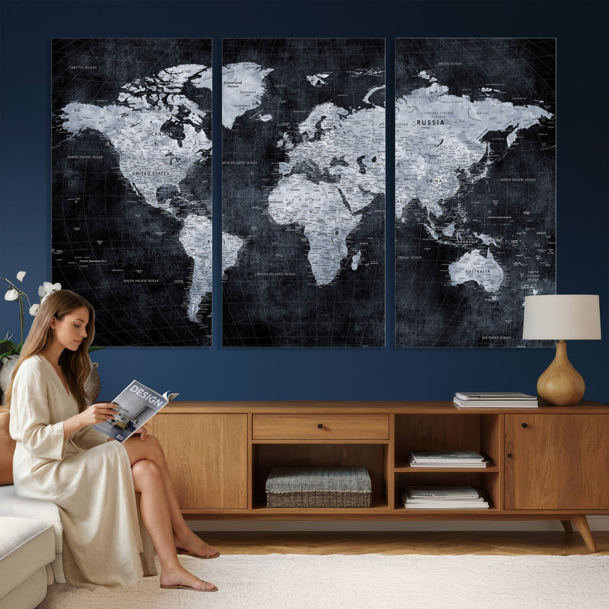 86893704-MGV-CV-36X24 - Black World Map Canvas Print | Detailed Map for Couples and Anniversary Gift