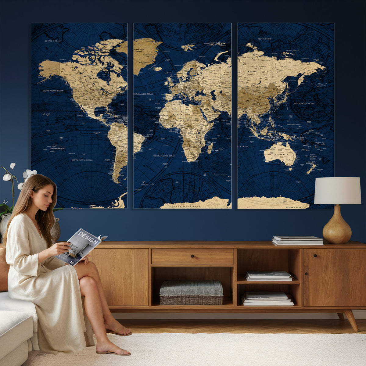 54770746-MGV-CV-36X24 - Navy Blue World Map Canvas Print – Detailed Map Minimal Navy
