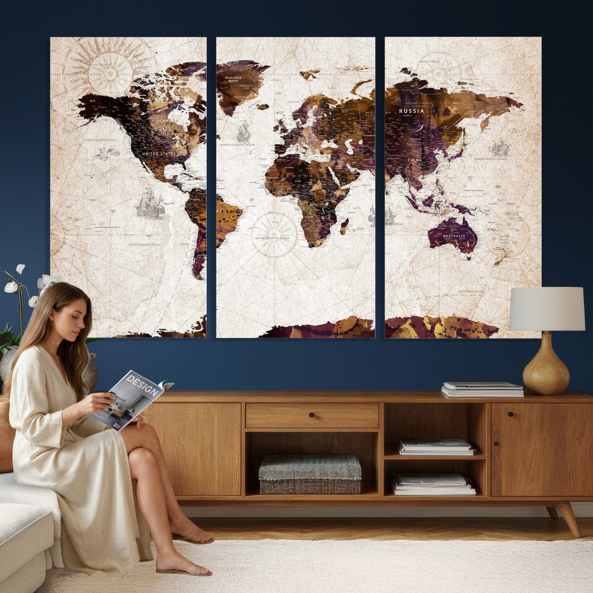 53400857-MGV-CV-36X24 - Blue Watercolor World Map Canvas Print – Framed Modern Wall