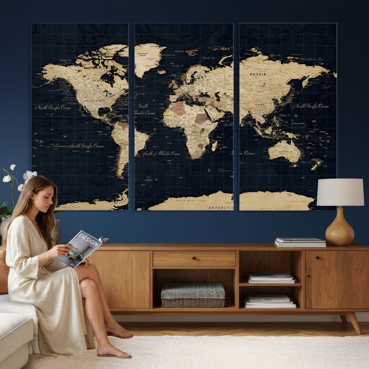 45063434-MGV-CV-36X24 - Dark World Map Canvas Wall Art Print, Minimal Black and Gold Map