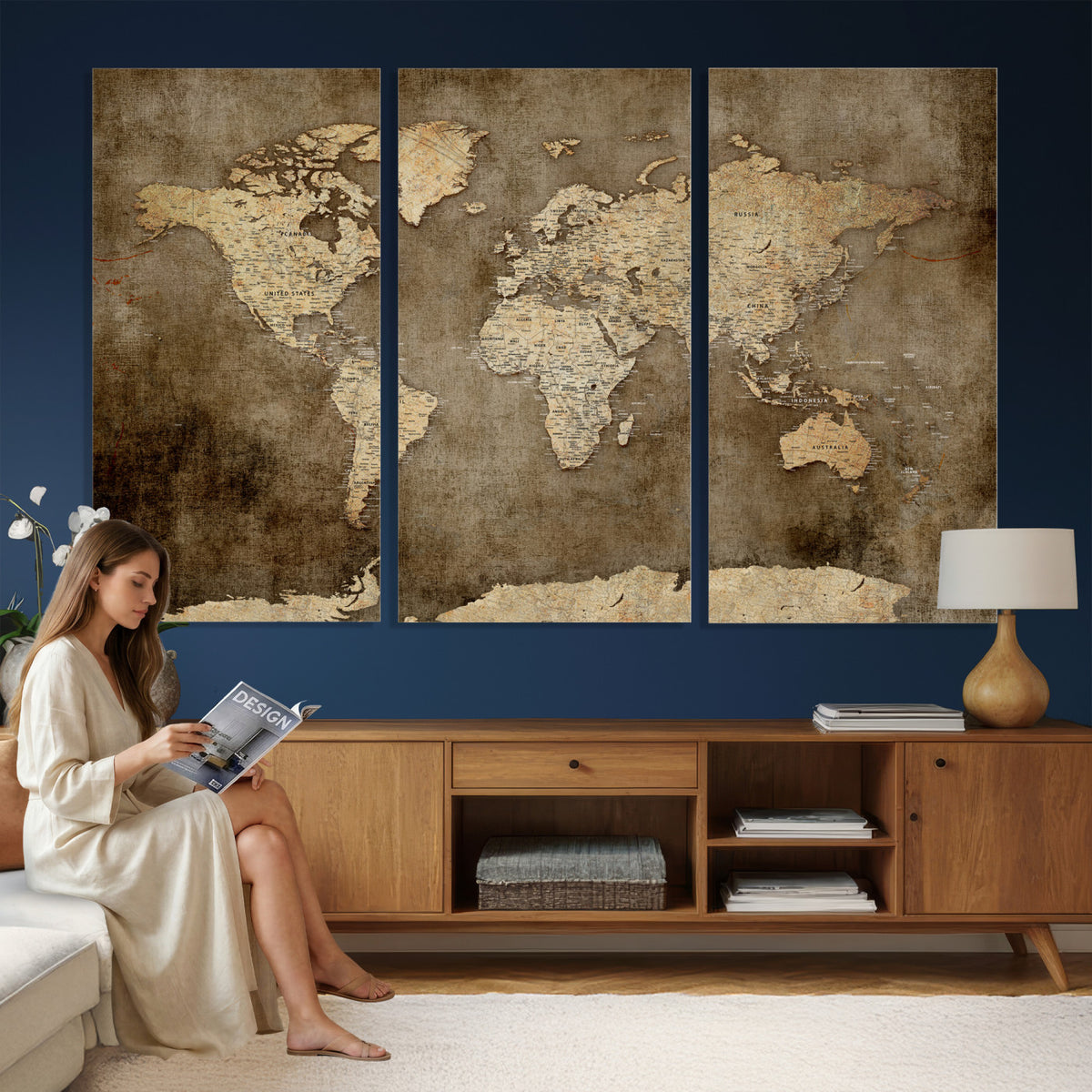 35847542-MGV-CV-36X24 - Dark Vintage World Map Canvas Wall Art Print, Antique Map