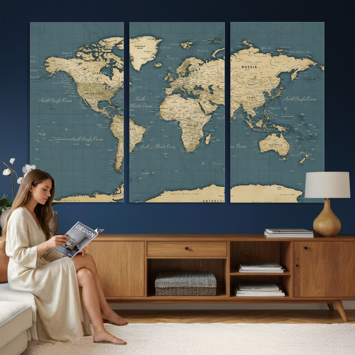 99599383-MGV-CV-36X24 - Minimal Vintage World Map Canvas Wall Art Print, Neutral