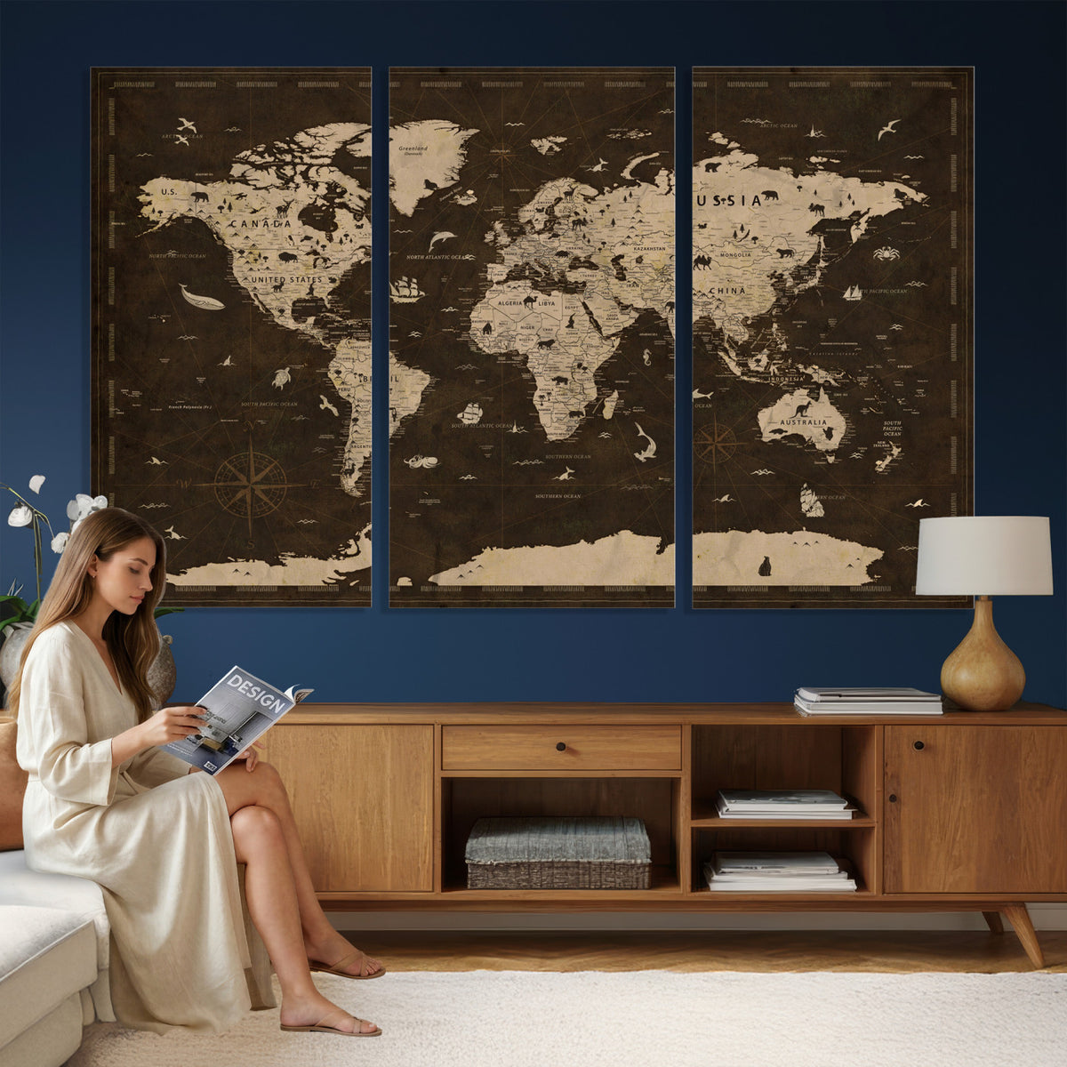 44276398-MGV-CV-36X24 - World Map Wall Art Canvas Print, Modern Decorative Framed Map Artwork Prints for Living Room, Office, Bedroom Wall Decor