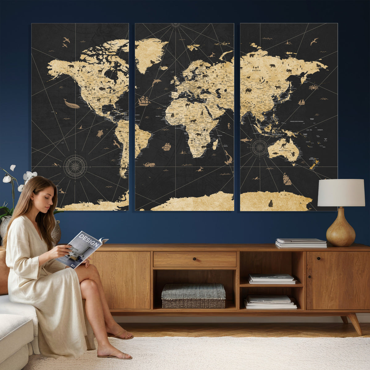 80270976-MGV-CV-36X24 - World Map Wall Art Canvas Print, Modern Decorative Framed Map Artwork Prints for Living Room, Office, Bedroom Wall Decor