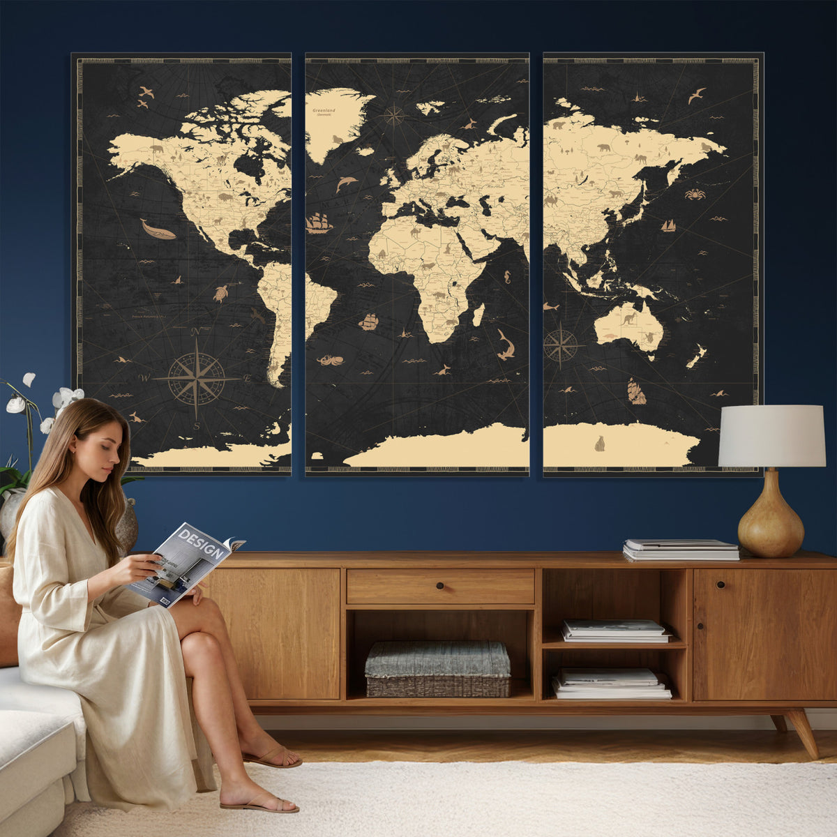 75220264-MGV-CV-36X24 - World Map Wall Art Canvas Print, Modern Decorative Framed Map Artwork Prints for Living Room, Office, Bedroom Wall Decor