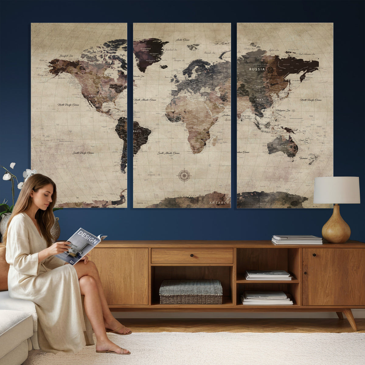 60560672-MGV-CV-36X24 - World Map Wall Art Canvas Print, Modern Decorative Framed Map Artwork Prints for Living Room, Office, Bedroom Wall Decor