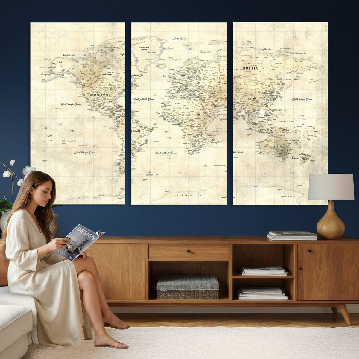 17101439-MGV-CV-36X24 - World Map Wall Art Canvas Print, Modern Decorative Framed Map Artwork Prints for Living Room, Office, Bedroom Wall Decor