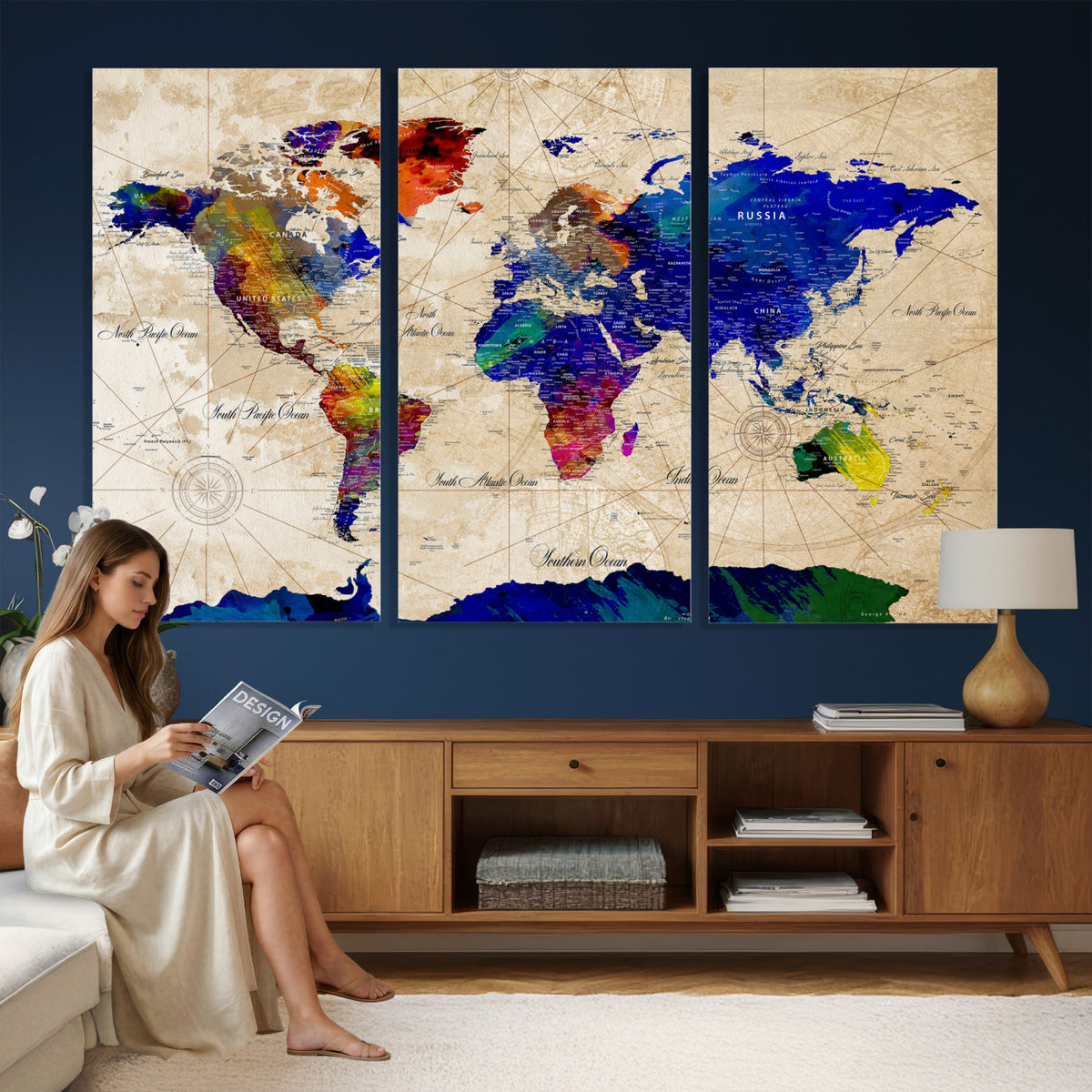 26284075-MGV-CV-36X24 - World Map Wall Art Canvas Print, Modern Decorative Framed Map Artwork Prints for Living Room, Office, Bedroom Wall Decor