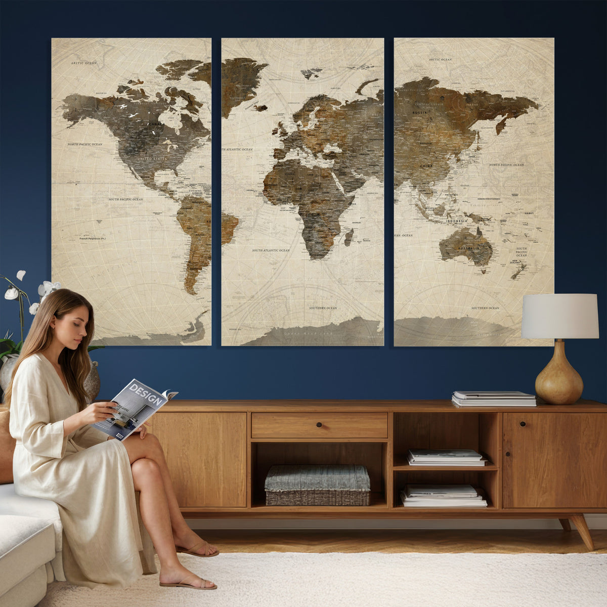 49623468-MGV-CV-36X24 - World Map Wall Art Canvas Print, Modern Decorative Framed Map Artwork Prints for Living Room, Office, Bedroom Wall Decor