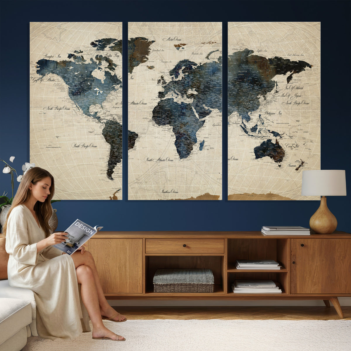 72927803-MGV-CV-36X24 - World Map Wall Art Canvas Print, Modern Decorative Framed Map Artwork Prints for Living Room, Office, Bedroom Wall Decor