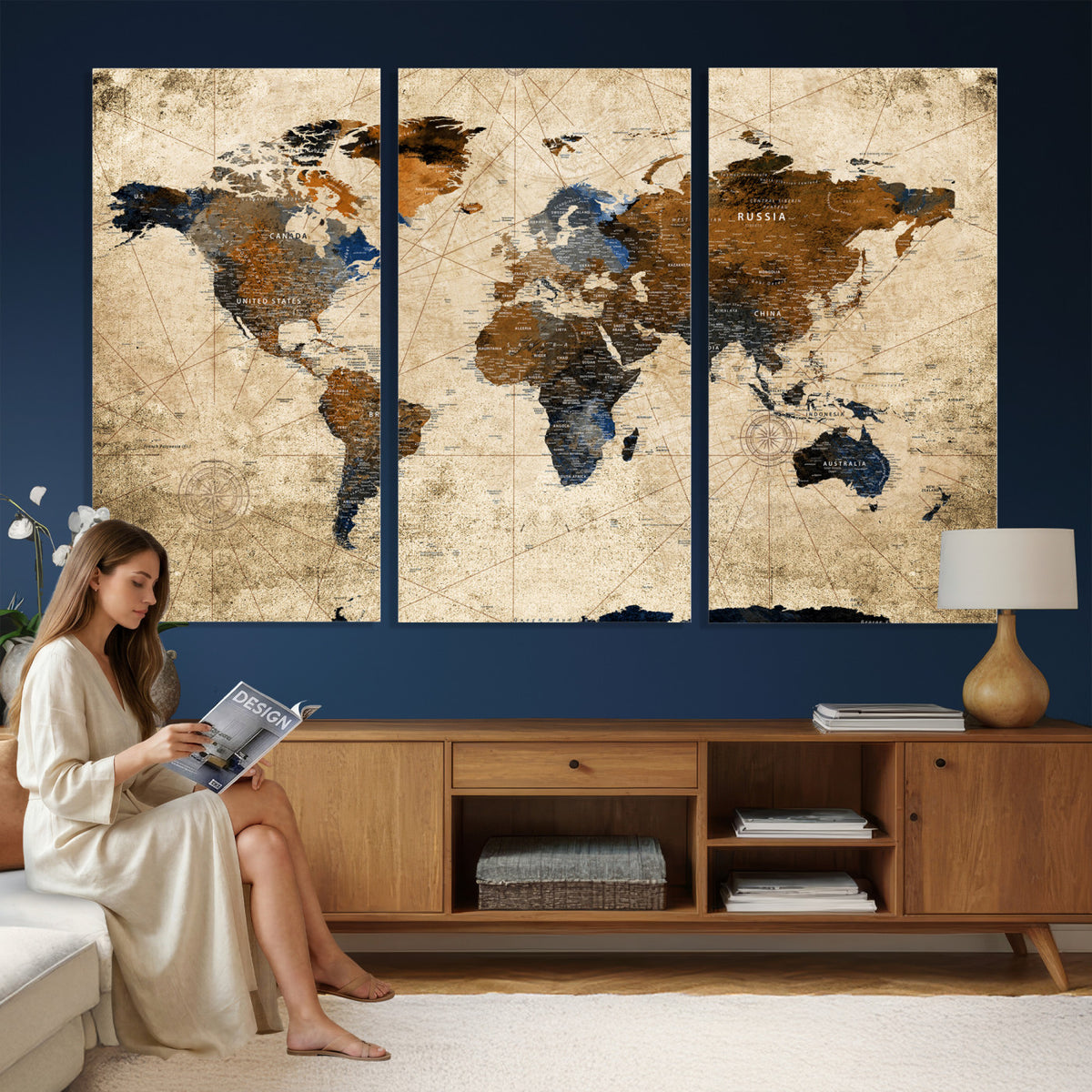 27163414-MGV-CV-36X24 - World Map Wall Art – Rustic Earth Tone Canvas Print, Antique