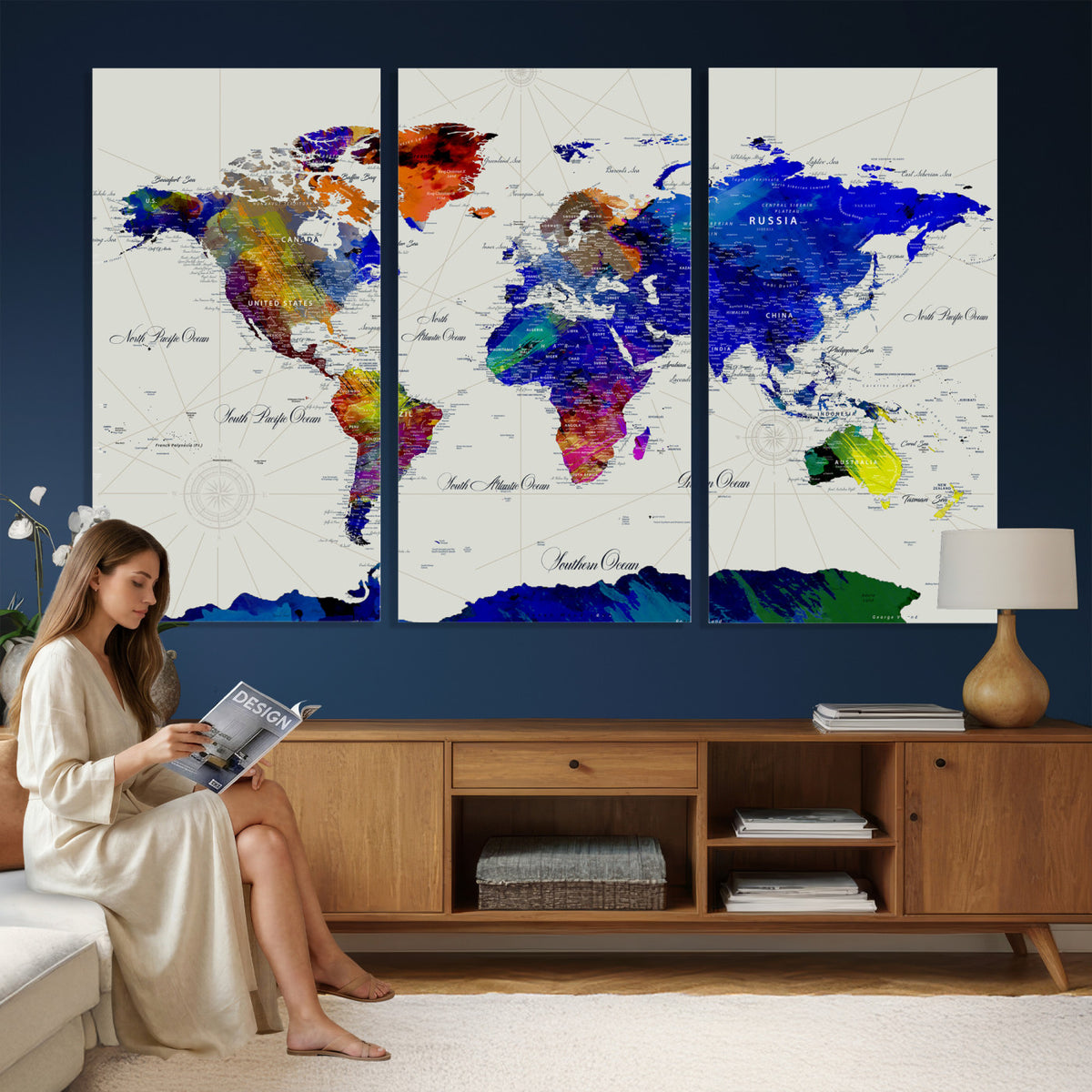49670038-MGV-CV-36X24 - World Map Wall Art Canvas Print, Modern Decorative Framed Map Artwork Prints for Living Room, Office, Bedroom Wall Decor