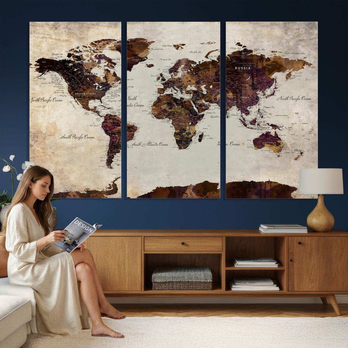 50611123-MGV-CV-36X24 - World Map Canvas Triptych | Colorful Global Wall Art for Living Rooms