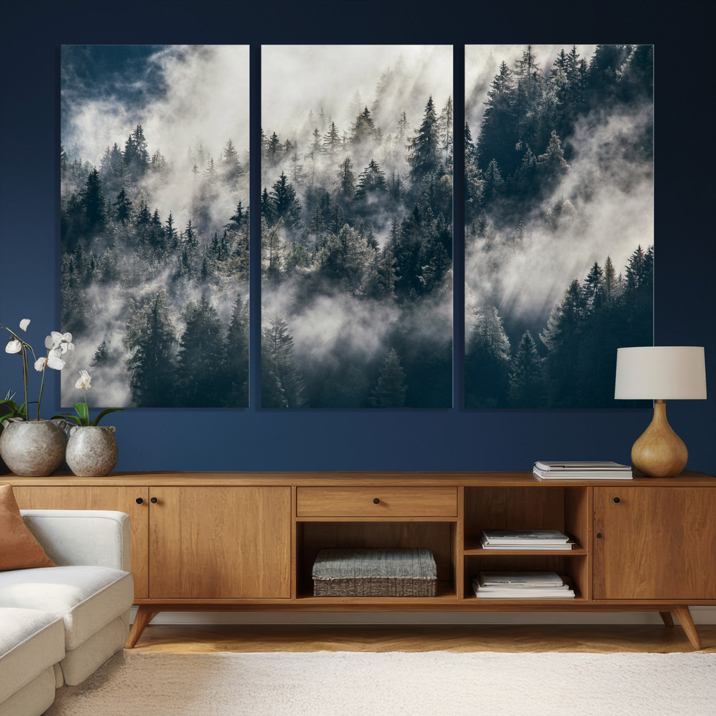 63405824-MGV-CV-36X24 - Foggy Mountain Forest Canvas Print, Misty Pine Trees Nature Wall Art, Framed Canvas Ready to Hang