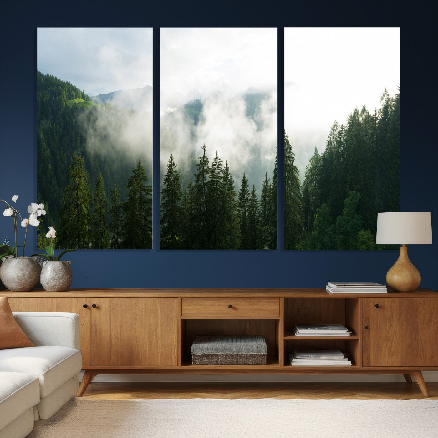 67174129-MGV-CV-36X24 - Misty Mountain Forest Canvas Print, Foggy Pine Trees Nature Wall Art, Framed Canvas Ready to Hang