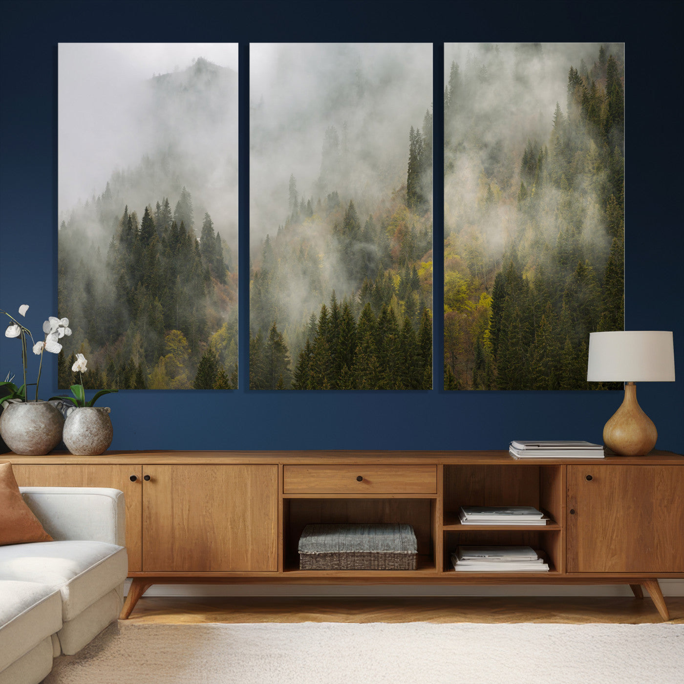 31152954-MGV-CV-36X24 - Misty Mountain Forest Canvas Print, Foggy Pine Trees Nature Wall Art, Framed Canvas Ready to Hang