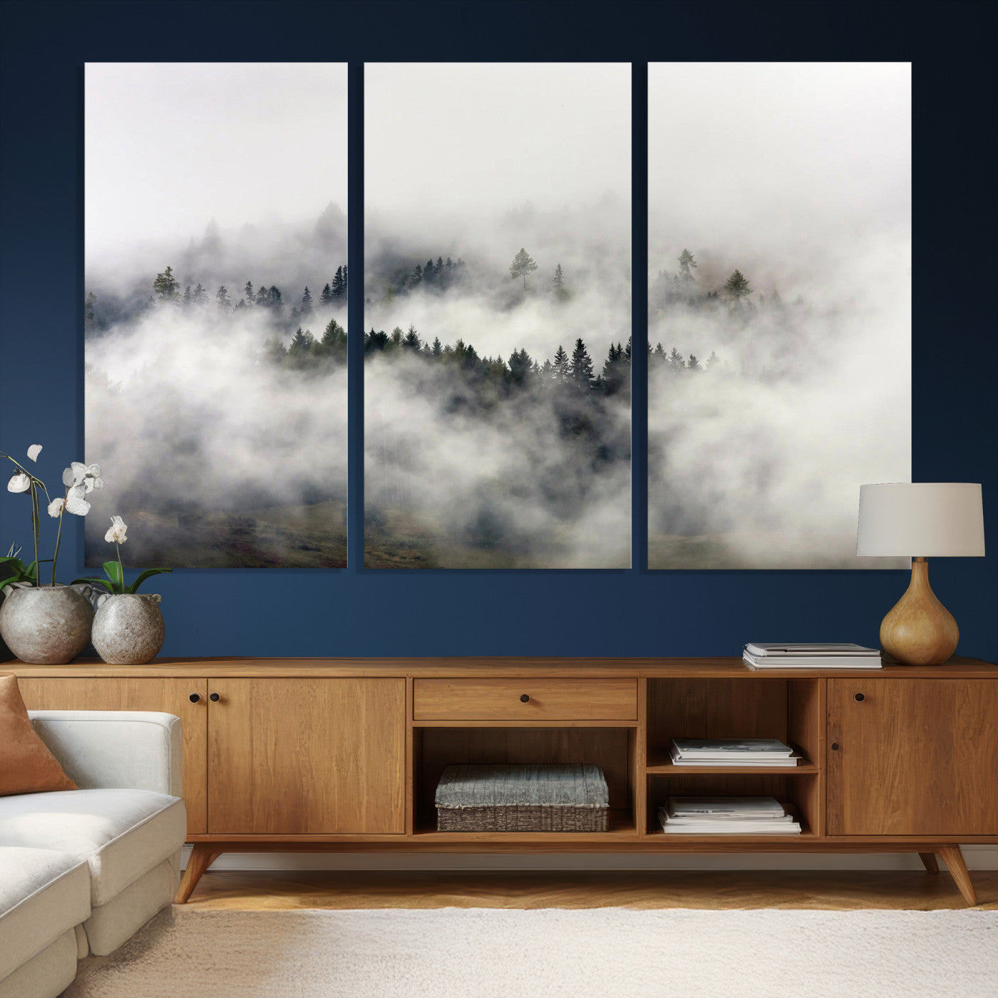 63235457-MGV-CV-36X24 - Foggy Forest Wall Art Canvas Print, Misty Pine Tree Landscape Wall Art Print, Framed Wall Art Ready to Hang