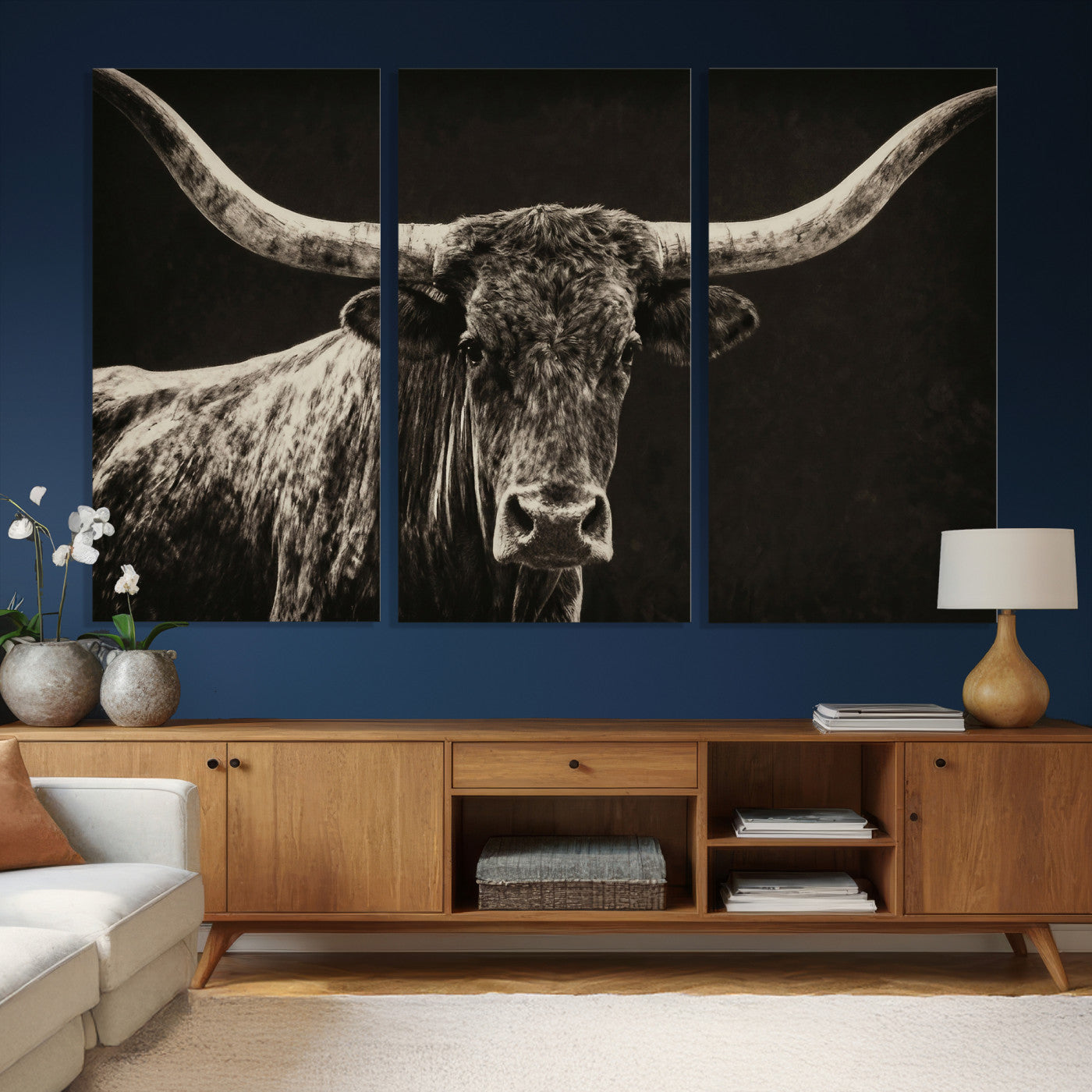 74513721-MGV-CV-36X24 - Vintage Texas Longhorn Bull Wall Art Canvas Print, Cow Portrait Photography Print, Framed Wall Art Ready to Hang