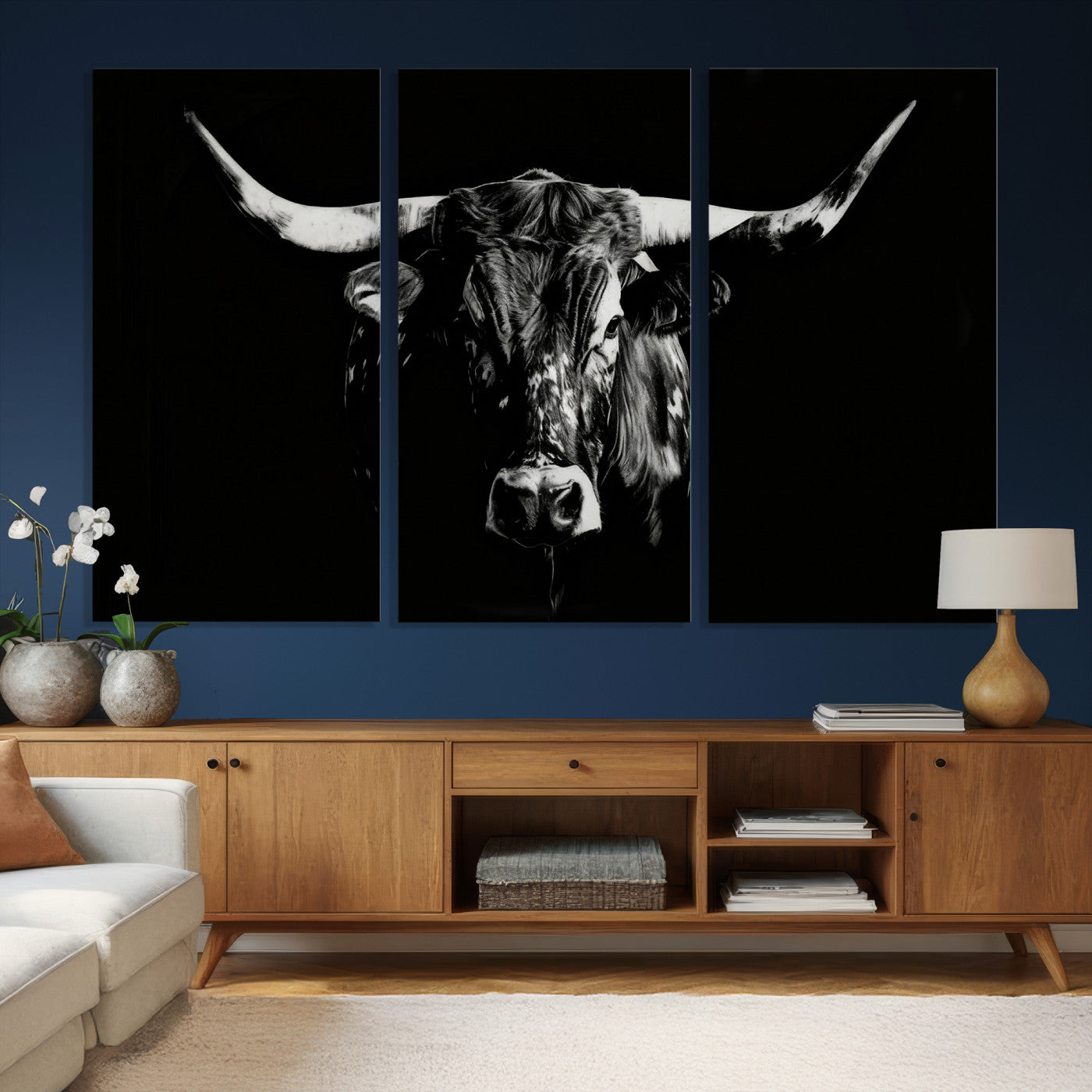 21436434-MGV-CV-36X24 - Black Bull Wall Art Canvas Print, Dark Longhorn Portrait Photography, Framed Wall Art Ready to Hang