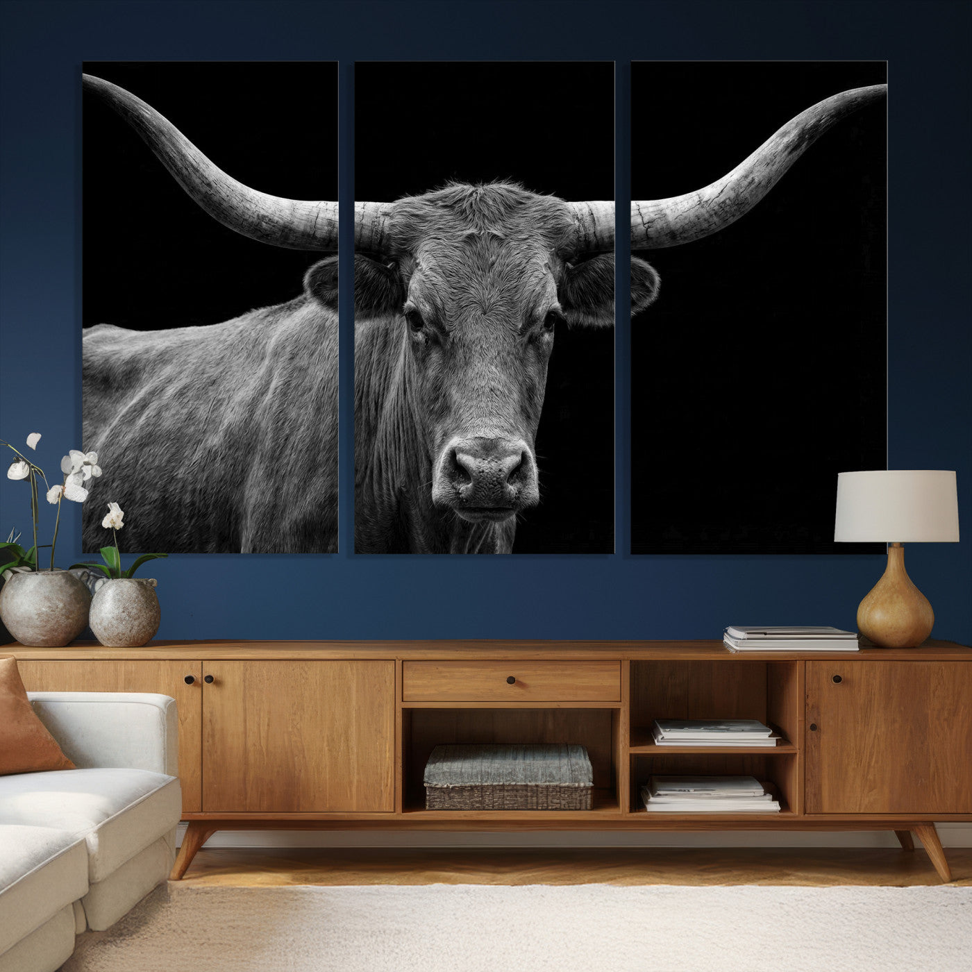 32601430-MGV-CV-36X24 - Texas Longhorn Bull Wall Art Canvas Print, Cow Portrait Photography, Framed Wall Art Ready to Hang